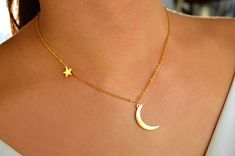 Chain is adjustable. Minimalist Moon-shaped Jewelry With Star Charm, Dainty Star-shaped Jewelry With Moon Charm, Dainty Crescent Jewelry With Star Charm, Dainty Crescent-shaped Jewelry With Star Charm, Lunar Jewelry, Gold Star Necklace, Moon And Star Necklace, Black Leather Choker, Simple Choker