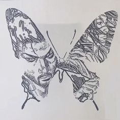 a black and white drawing of a man with a butterfly on his head, looking at the camera