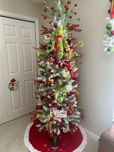 a christmas tree decorated with green and red ornaments