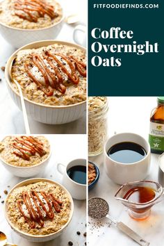 coffee overnight oats with caramel drizzled on top and in bowls