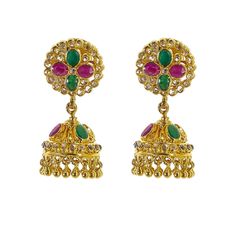 22K Yellow Gold Uncut Diamond Jhumki Earrings W/1.21ct Uncut Diamonds, Emeralds & Rubies - Virani Jewelers 22k Gold Jewelry, Jhumki Earrings, Uncut Diamond, Gia Certified Diamonds, Precious Gemstones, 22k Gold, Emphasis, Exquisite Design, Indian Jewelry