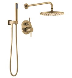 an image of a shower head and handset with thermostaer in brushed brass