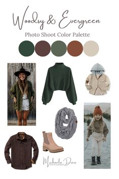 the color palette for woody and evergreen is brown, green, tan, and white