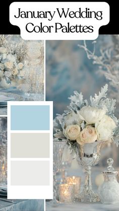 Elegant winter wedding table setup featuring soft January wedding color palettes with candles and floral accents. January Wedding Ideas, February Wedding Colors, January Wedding Colors, Winter Wedding Color Palette, Blue Winter Wedding, Wedding Color Palettes, January Wedding, Winter Color Palette, Winter Wedding Colors