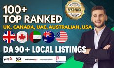 a man with his arms crossed in front of the words 100 + top ranked uk, canada, australia, usa da 90 local listings