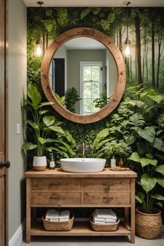 a bathroom with green plants and a round mirror