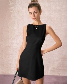 The Black Boat Neck Satin A-Line Mini Dress & Reviews - White - Dresses | RIHOAS Structured Dresses, Classic Minimalist Style, Black Boat, Structured Dress, Mini Robes, Mini Dresses For Women, Satin Mini Dress, White Dresses, Black Mini Skirt