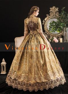 Gold Short Sleeves Floral Embroidered Vintage Rococo Victorian Ball Gown Dress 4 Elegant Gold Victorian Dress For Costume Party, Vintage Gold Dresses With Historical Design, Vintage Baroque Gown For Costume Party, Elegant Baroque Gown For Costume Party, Elegant Victorian Dress For Theater With Baroque Style, Vintage Gold Dress With Historical Design, Vintage Baroque Victorian Dress For Formal Occasions, Elegant Baroque Victorian Dress For Theater, Vintage Baroque Formal Dresses