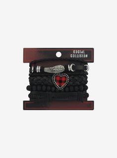 Rock the punk look with these faux leather cord bracelets! Featuring different braided designs  plus red plaid heart and silver-tone wing and ring charms.6 14'' + 2'' extenderPolyurethane; wood; cotton; nickel-free alloy; plastic; waxSet of 4Imported Rock Band Costumes, Band Costumes, Alt Style Outfit, Braided Designs, Kandi Cuffs, Punk Looks, Alt Clothes, Kandi Cuff, Leather Cord Bracelets