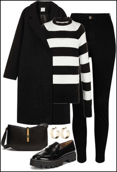 Black And White Outfits For Women Over 50, Black Stripe Sweater Outfit, Chunky Loafers Outfit Style Work, Black And White Jumper Outfit, Black Chunky Loafer Outfits Women, Chunky Loafers For Women Outfit Casual, Black And White Striped Sweater Outfit Winter, Chunky Oxford Shoes Outfit, Chunky Loafers Outfit Work