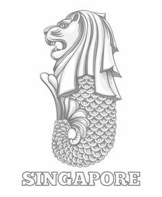 the singapore lion statue is shown in this black and white drawing, with the word singapore below it