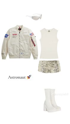 an astronaut outfit with white boots, sunglasses and a pair of white shoes is shown