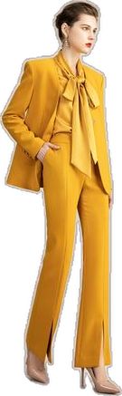 Spring Silk Workwear Set, Elegant Yellow Pantsuit For Formal Occasions, Elegant Tailored Yellow Sets, Spring Silk Pantsuit For Workwear, Elegant Yellow Suits For Work, Elegant Yellow Suits For Workwear, Elegant Yellow Formal Pants, Elegant Yellow Pantsuit For Spring, Silk Sets For Workwear In Fall