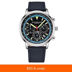 in stock Black Chronograph Watch For Travel, Black Travel Watch With Round Dial, Travel Chronograph Watch With Subdials, Black Travel Watches With Round Dial, Blue Leather Watch Accessories With Analog Display, Black Travel Watch, Blue Timeless Watch With Leather Strap, Blue Business Watch With Leather Strap, Business Blue Watch With Leather Strap