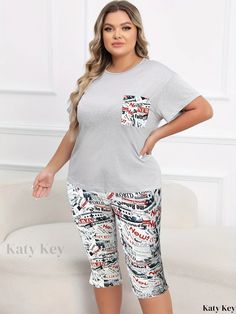 Katykey - Womens Plus Size Retro Loungewear Set: Letter Print Short Sleeve Round Neck Tee and Capri Pants Pajama Two Piece Set Retro Loungewear, Alphabet Style, Round Neck Tees, Loungewear Set, Two Piece Set, Two Piece Sets, Letter Print, Printed Shorts, Letter Prints