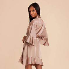 These gorgeous ruffle satin robes are perfect to get ready in. Availabke in Mocha. Equal parts sweet and flirty, these ruffled satin robes will make your bridal suite moment unforgettable. | Mocha Getting Ready Georgette Size XS/S | Birdy Grey Kenny Ruffle Satin Robe Feminine Satin Robe For Loungewear, Flirty Satin Dress For Wedding, Ruffled Satin Dress For Wedding, Feminine Satin Robe For Sleep, Feminine Satin Party Sleepwear, Feminine Satin Sleep Robe, Chic Satin Robe For Wedding Night, Wedding Night Satin Dress With Ruffles, Elegant Ruffled Sleepwear