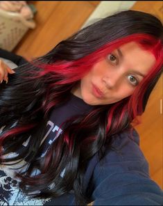 Black With Red Money Piece Hair, Red Money Piece Hair, Red Hair Underneath, Halo Hair Colors, Black And Red Hair, Bright Red Hair Color, Two Color Hair, Hidden Hair Color, Half Dyed Hair