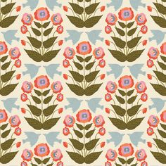 an image of a flower pattern on a wallpaper with blue and red flowers in the background