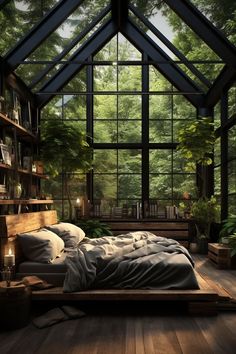 a bed sitting inside of a bedroom next to a window filled with lots of plants