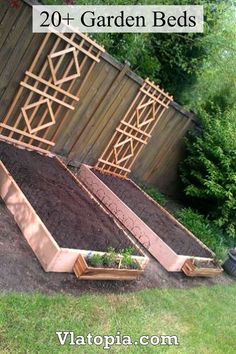 an image of garden beds in the yard with plants growing out of them and on top of each other