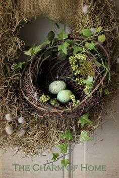 a bird nest with eggs in it on top of some burlocks and grass