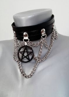 Gothic leather choker with handmade pentagram charm | Etsy Goth Punk Accessories, Gothic Metal Choker For Concerts, Adjustable Metal Choker For Cosplay, Gothic Chain Choker For Concerts, Alternative Metal Choker For Cosplay, Silver Gothic Choker For Concert, Adjustable Grunge Chain Choker, Adjustable Gothic Choker With Chain, Adjustable Gothic Chain Choker