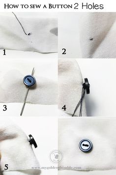 instructions for how to sew a button 2 holes on a white shirt with black pins