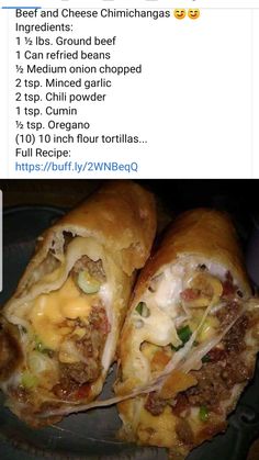 two burritos with meat and cheese on them sitting on top of a plate