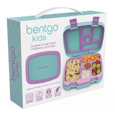 the bento kids lunch box is purple and has compartments for food in it,