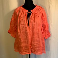 Nwot, Artizia Wilfred Ruffled Puff Sleeve Blouse, Xs Bright Coral Color. Oversized Would Fit Size Small/Medium For A More Normal Fit. Puff Sleeve Ruffle Blouse For Beach, Vacation Blouse With Ruffles And Puff Sleeves, Billowy Cotton Peasant Top For Summer, Summer Billowy Cotton Peasant Top, Spring Beach Blouse With Puff Sleeves, Summer Vacation Peasant Top With Puff Sleeves, Pink Bohemian Top With Puff Sleeves, Billowy Ruffled Peasant Top For Spring, Pink Bohemian Tops With Puff Sleeves