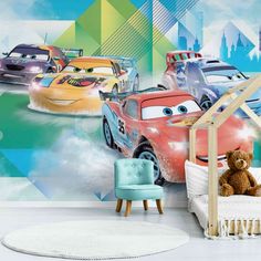 Cars McQueen Wall Decor Removable Wallpapers are perfect for Disney Cars-themed kids' rooms, featuring vibrant Lightning McQueen designs that transform their space into an adventurous racing scene. The bright colors and playful designs make it ideal for little racing fans who want to immerse themselves in the world of Cars. The removable wallpaper is easy to apply and doesn't damage walls, making it a flexible option for decorating playrooms, bedrooms, or nurseries. Lightening Mcqueen Bedroom, Cars Bedroom Ideas For Boys, Disney Cars Bedroom, Cars Bedroom, Disney Cars Theme, Wallpapers Cars, Wallpapers Disney, Cars Mcqueen, Themed Kids Room