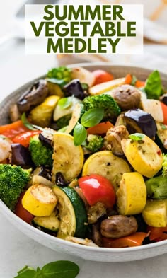 a white bowl filled with vegetables and the words summer vegetable medley on top of it