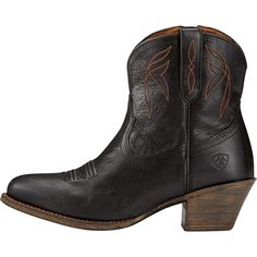 To give any look an instant dose of wild-west flair, we zip on the Ariat Darlin Western Bootie. The chunky heel gives us a little lift, while the built-in shank boosts support, and the removable insole pads our steps for a fit that helps fight fatigue. Constructed with premium leather, this pair molds to our feet, getting even more comfortable with every wear. Rugged Heeled Boots For Fall, Rugged Heeled Boots With Reinforced Heel, Womens Black Booties, Ariat Boots, Western Ankle Boots, Western Booties, Leather Cowboy Boots, Baby Boots, Cowboy Boot