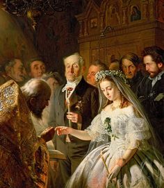 a painting of a bride and groom with other people