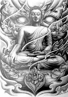 a drawing of buddha sitting on top of a body of water