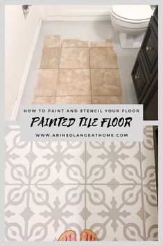 a person standing in front of a bathroom floor that has been painted with white paint