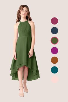 a woman in a green dress standing next to color swatches and the image shows different colors