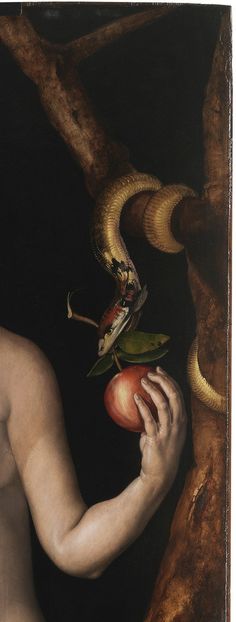 a painting of a man holding an apple with a snake on it's back