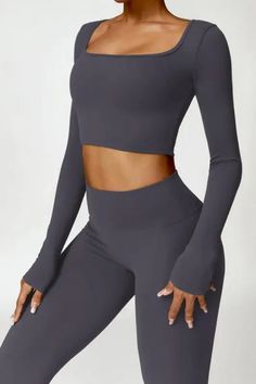 Get ready to slay your yoga class in this Square Neck Extended Long Sleeve Crop Top Yoga Pant Set. The crop top and yoga pants combo provides maximum comfort and flexibility for your practice. With a stylish square neck and extended sleeves, you'll look and feel confident while you flow. Namaste! Runs small so size up!﻿ ﻿ Length Ankle-Length Style Active Fabric Type Blended fabrics Material Spandex , Nylon Neckline Square Collar Pattern Type Solid Sleeve Length Full Season Spring / Autumn Chest Black Jumpsuit Dress, Yoga Pant, Curvy Dress, Collar Pattern, Crop Top Sweater, Long Sleeve Crop, Basic Tops, Pant Set, Yoga Class