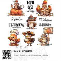 some cute little turkeys with thanksgiving hats and pumpkins on their heads, all in different