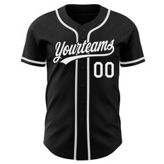 a black baseball jersey with white lettering that says yourteams on the front and bottom