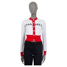 100% authentic Chanel 2019 cropped cardigan in white, red and black cotton (97%) and elastane (3%). Features the 'Chanel' logo in black on the front and long sleeves. Opens with six 'CC' metal buttons on the front. Unlined. Has been worn once or twice and is in virtually new condition. Measurements Tag Size 36 Size XS Shoulder Width 36cm (14in) Bust 90cm (35.1in) to 114cm (44.5in) Waist 76cm (29.6in) to 100cm (39in) Hips 60cm (23.4in) to 90cm (35.1in) Length 88cm (34.3in) Sleeve Length 60cm (23.4in) All our listings include only the listed item unless otherwise specified in the description above Chanel Crop Top, Chanel Cardigan, 90s Chanel, Chanel Sweater, Chanel 2019, White Knit Cardigan, Red Chanel, Viking Woman, Fur Clothing