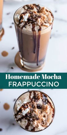 homemade mocha frappuccino with whipped cream and chocolate toppings on top