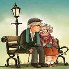 an elderly couple sitting on a bench next to a lamp post and street light in the background