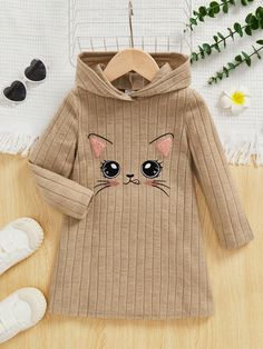 Young Girl Cartoon Embroidery Hooded Dress Khaki   Long Sleeve Rib knit Animal,Cartoon Tee Slight Stretch  Young Girls Clothing, size features are:Bust: ,Length: ,Sleeve Length: Winter Cotton Dress With Embroidery, Cute Long Sleeve Sweater Dress For Fall, Winter Embroidered Cotton Dress, Cute Embroidered Long Sleeve Hoodie, Casual Embroidered Winter Dresses, Casual Winter Dresses With Embroidery, Cartoon Embroidery, Hooded Dress, Khaki Dress