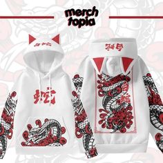 Two Piece Hoodie Set, Winter Anime Print Hooded Top, Harajuku White Hoodie Tops, Harajuku Style White Hoodie Top, White Harajuku Hoodie Top, White Harajuku Style Hoodie Top, White Hooded Top With Anime Print, Red Hooded Sweatshirt For Halloween, Red Cartoon Print Hoodie For Winter