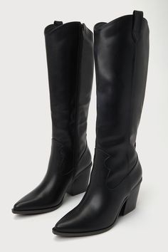 Whether you're going for a chic city vibe or a cute country look, the Lulus Rauland Black Pointed-Toe Knee-High Western Boots pair perfectly with a variety of 'fits! Smooth faux leather shapes these trendy boots that feature a classic pointed-toe upper, a Western-inspired seamed vamp, and a 12.75"" knee-high shaft with a 14.5"" circumference and a 15.5"" zipper at the instep. A single pull tab accents the outstep of the curved topline, while a stacked block heel completes the rodeo-ready look! 3" stacked block heel. Lightly cushioned insole. Rubber sole has nonskid markings. Man made materials. Imported. Lulus | Rauland Black Pointed-Toe Knee-High Western High Heel Boots | Size 6. Knee High Western Boots, Black Western Boots, Cute Country, Trendy Boots, City Vibe, Cute N Country, Of Outfits, Heel Boots, High Heel Boots