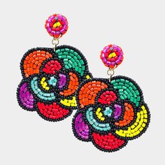 multicolored beaded earrings with smiley faces on the front and back of each ear