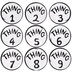 six dr seuss thing stickers with the number one, two, three and four