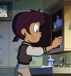 a cartoon character is opening the refrigerator door and looking at something on the counter in front of her